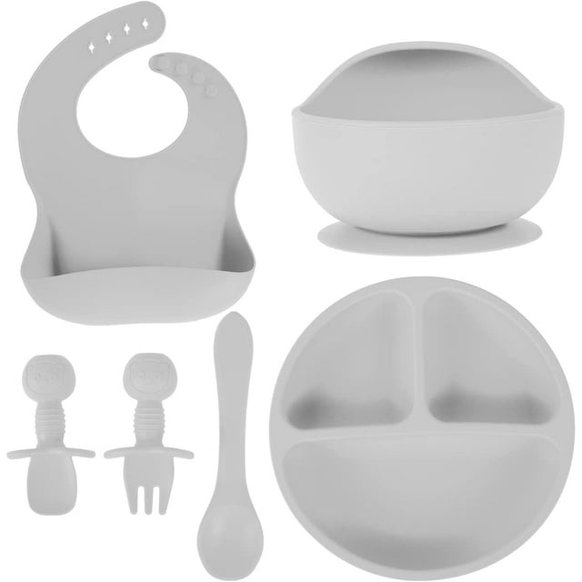 HSHDLDF Set of 6 Baby Feeding Set in light gray, featuring a silicone suction bowl, divided dinner plate, adjustable bib with food catcher, silicone fork, spoon, and soup spoon. Made from BPA-free, food-grade silicone, this set is designed for toddlers and kids, promoting self-feeding with non-slip and easy-to-grip utensils. The suction bowl and plate prevent spills, while the bib catches food for a mess-free mealtime. Dishwasher, microwave, and freezer safe for convenience.