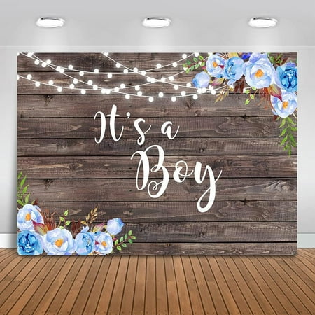 Image of Rustic Wood Boy Baby Shower Backdrop It s A Boy Background Watercolor Blue Floral Baby Shower Party Cake Table Decoration Photo Booth Props (7x5ft)