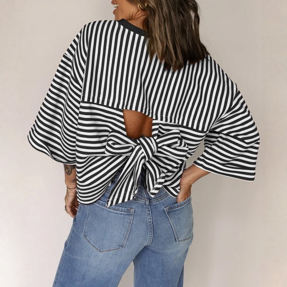 Women's Back Bow Detail T-Shirt, Round Neck Striped Pullover Top, Feminine Blouse for Date Night or Special Occasions, Black - L