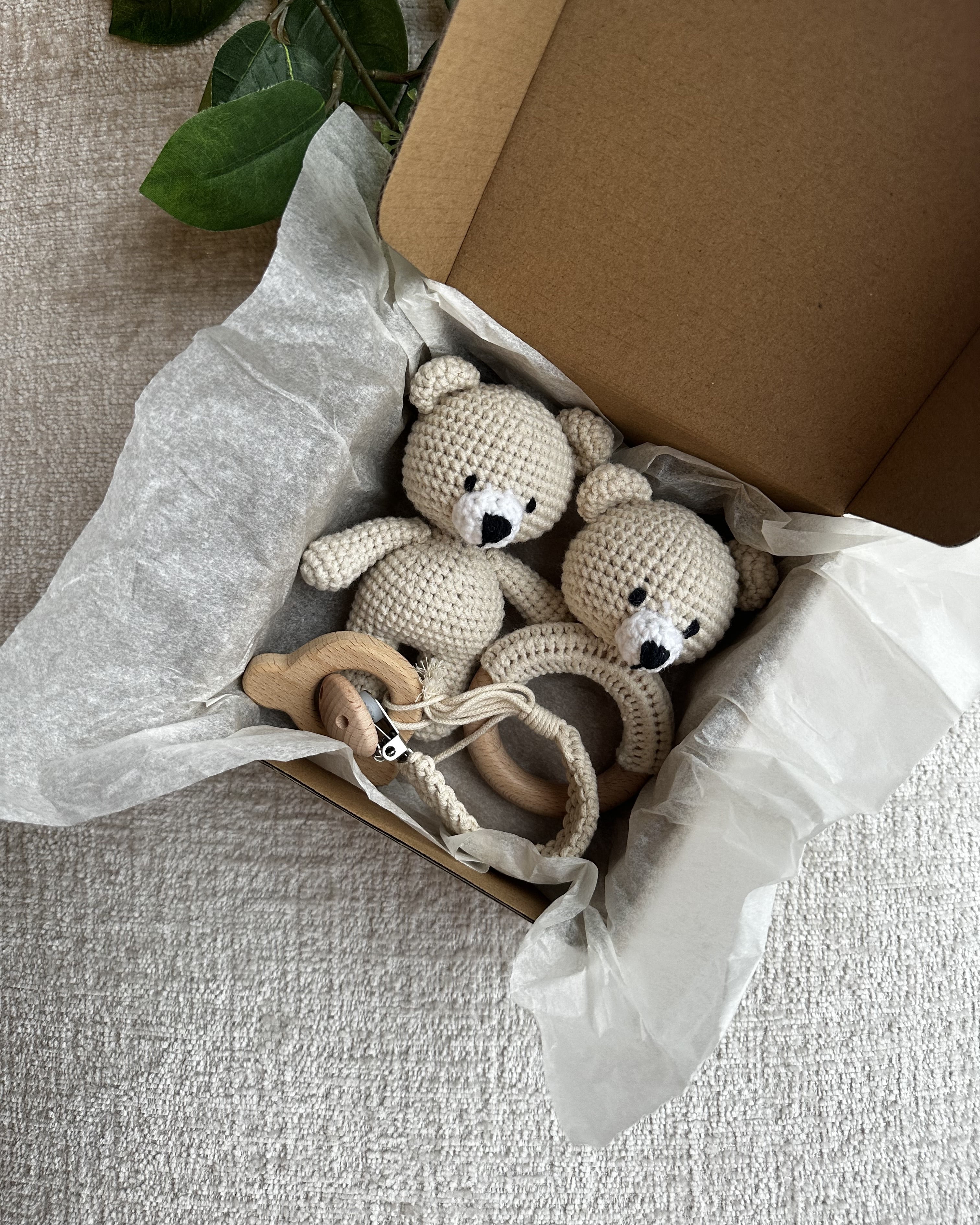 Organic Cotton Handmade Crotchet Bear Rattle, Toy, teether and Pacifier Holder Baby Shower/Birthday Gift Set., Small, Beige