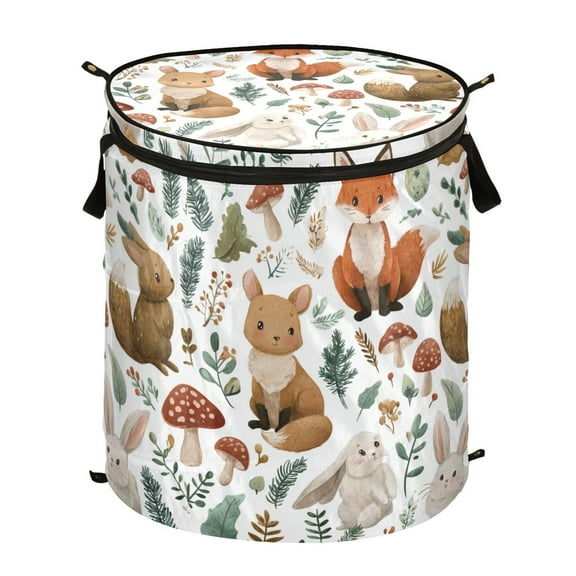 50L Extra Large Popup Hamper Collapsible Laundry Basket With Zippered Lid 15.7x18.5in Cute Animals