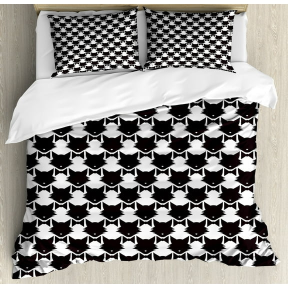 Cat Lover Duvet Cover Set Queen Size, Monochromatic Pattern of Kitty Silhouette with a Bow Tie Print, Decorative 3 Piece Bedding Set with 2 Pillow Shams, Charcoal Grey and White, by Ambesonne