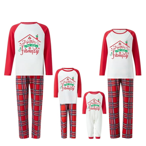 Christmas Family Pajamas Matching Set, Long Sleeve Letters Print T-shirt with Plaid Pants Sleepwear Loungewear