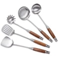 thumbnail image 1 of Juego de 5 utensilios de cocina de acero inoxidable con espátula y espumadera para pasta, wok, espátula, cucharón y mango de madera aptos para lavavajillas, 1 of 5