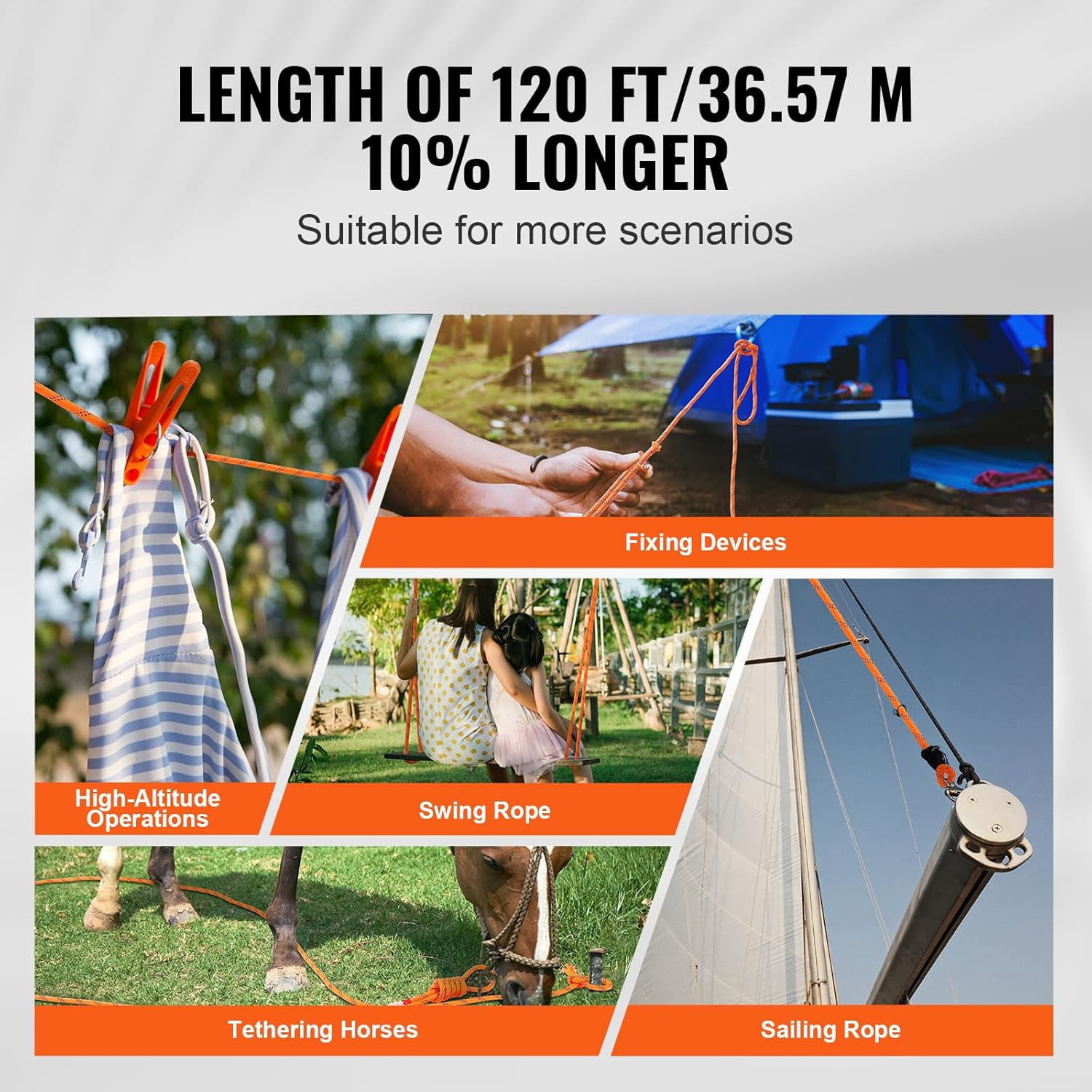 Double Braided Polyester Rope, 1/2 in x 120 ft, 48 Strands, 8000 LBS Breaking Strength Outdoor Climbing Rope, Arborist Rigging Rope for Rock Hiking Camping Swing Rappelling Rescue, Orange/Black