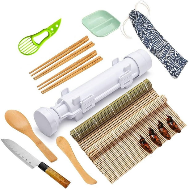 Kit para hacer Sushi, máquina para hacer Bazooka de Sushi todo en uno con tapete para Sushi de bambú, palillos de bambú, esparcidor, cuchillo para Sushi, bolsa de algodón