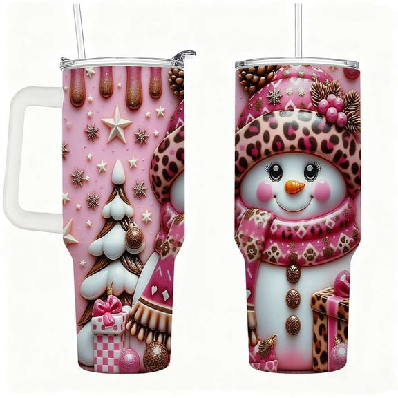 Pink Leopard Snowman Christmas Tumbler with Lid and Straw, Winter Holiday Insulated Travel Cup