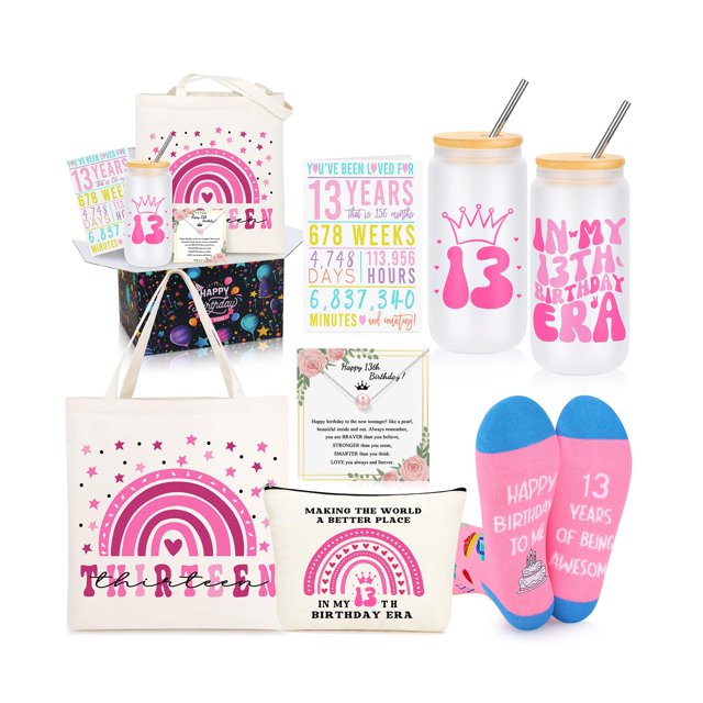JTENGTOP - Juego de 4 cestas de decoración de cumpleaños para niñas de 13 años, regalos para niñas dulces de 13 años