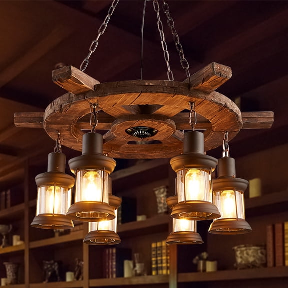 KPIBEST Rustic 6 Heads Chandelier Wood Industrial Ceiling Lamp Pendant Light Fixture