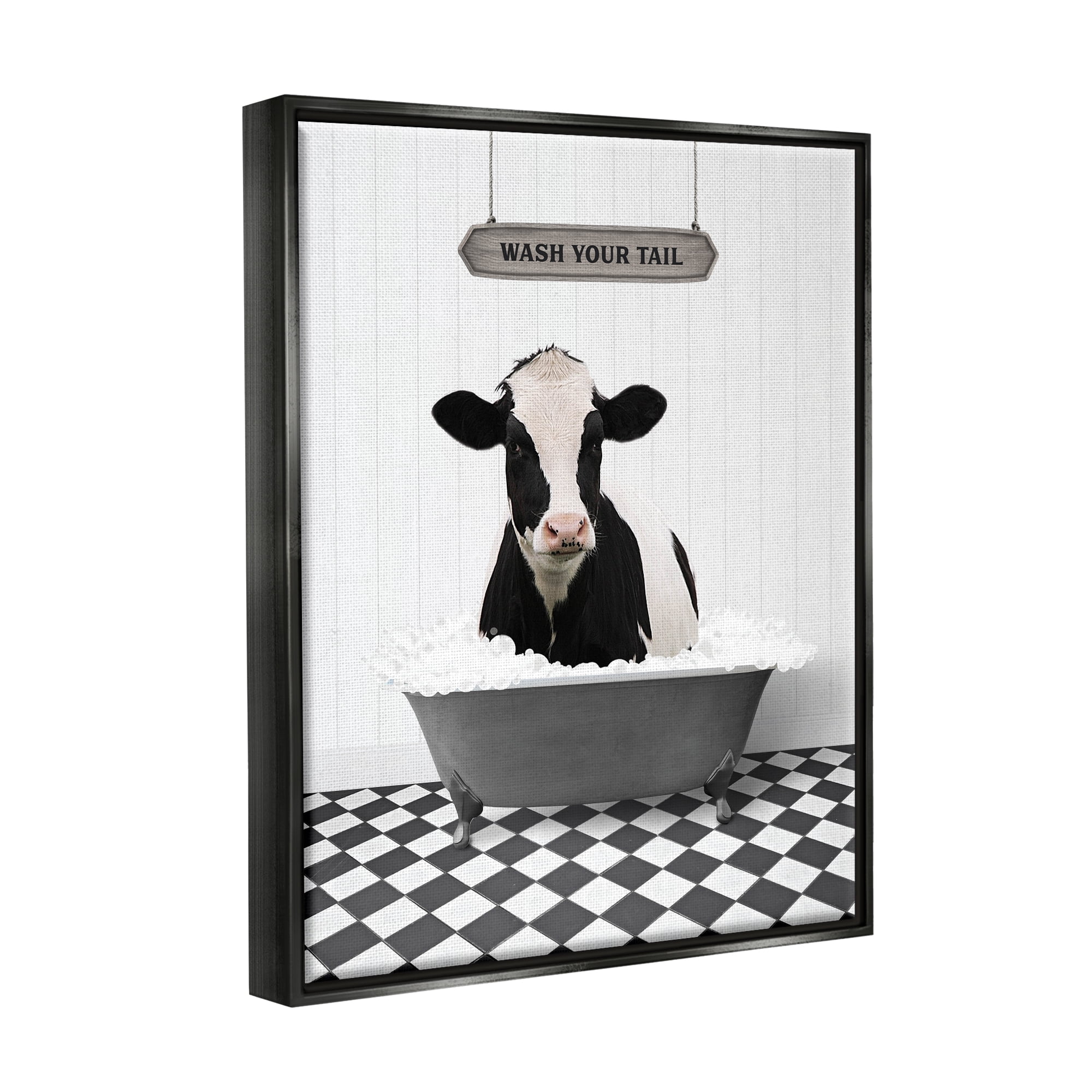 Stupell Industries Wash Your Tail Cow Animals & Insects Painting Black Floater Framed Art Print Wall Art, 25 x 31