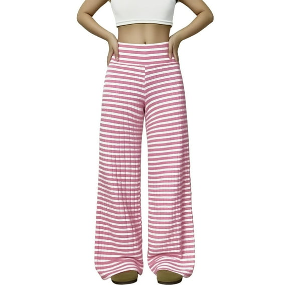 Telankuip Womens Striped High Waist Wide Leg Long Pants Fall Winter Elastic Waisted Straight Casual Trousers for Women 2025 Fashion Soft Cozy Workout Pants for Daily Wear Pink XL