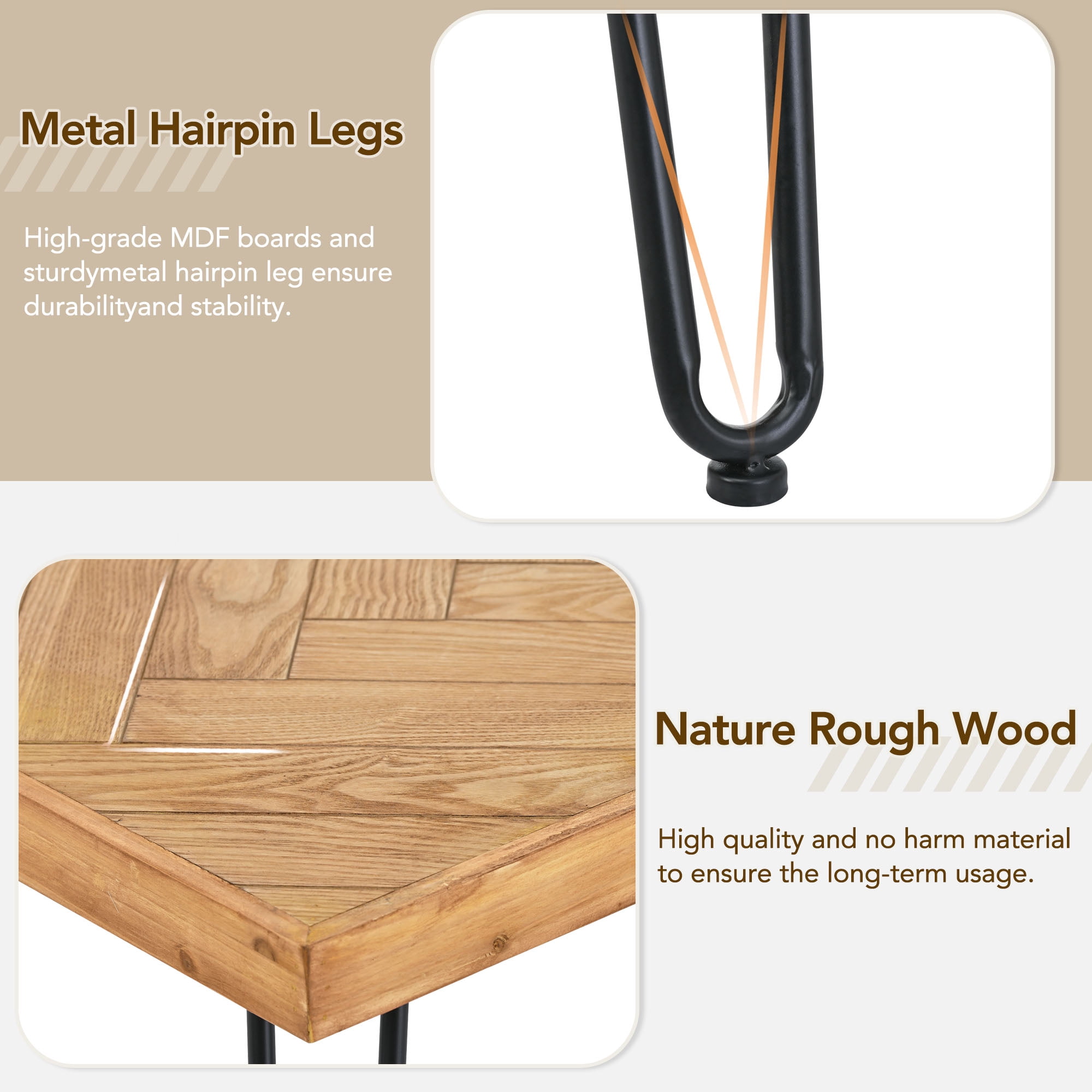 MAYEERTY Modern Coffee Table with Chevron Pattern & Metal Hairpin Legs, Easy Assembly Tea & Cocktail Table for Living Room, Ash Wood Finish