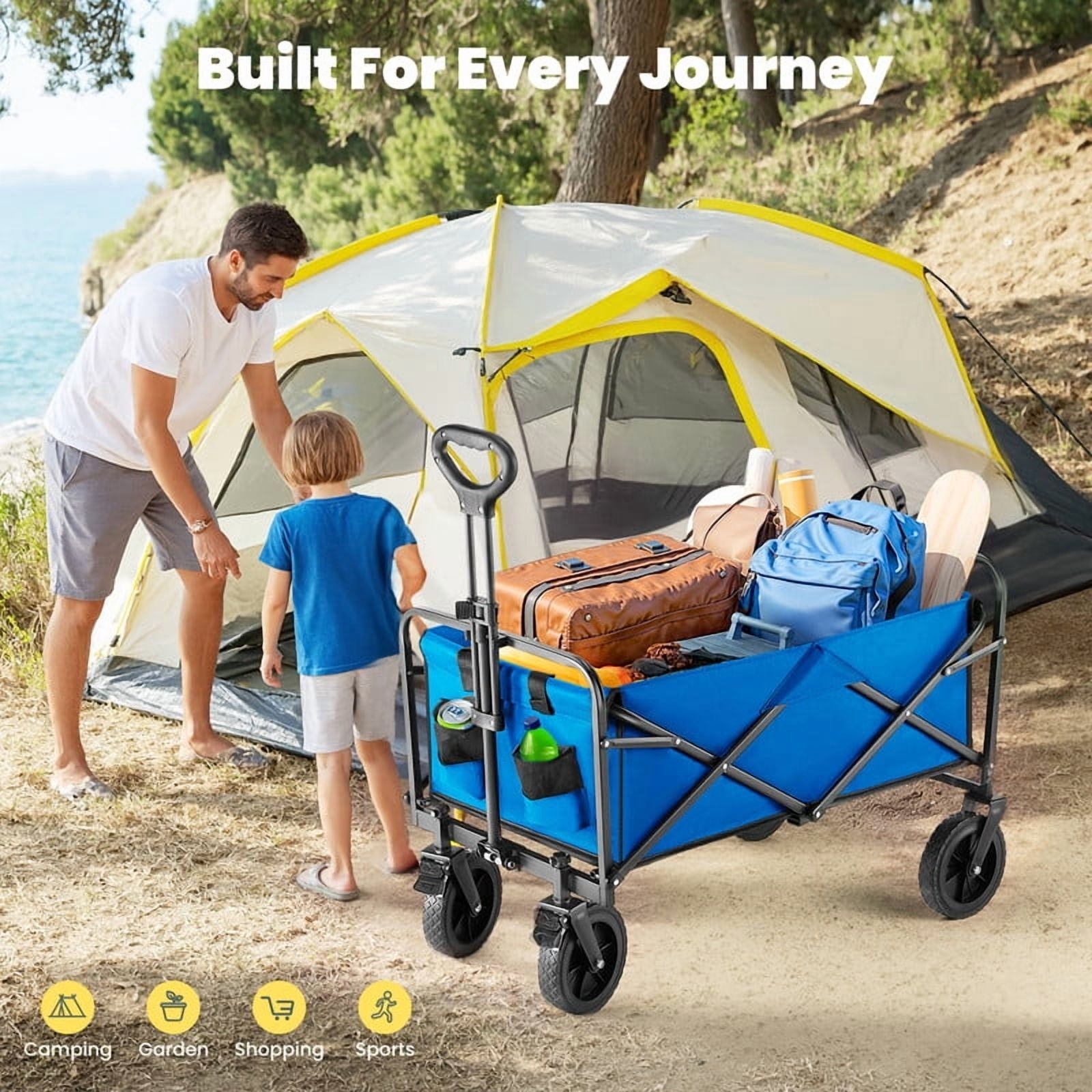 EDX Foldable Utility Cart, Small Capacity Shopping Wagon Cart with Drink Holders for Outdoors, Dimension 29.13"D X 18.5"W X 26.57"H, Blue-2