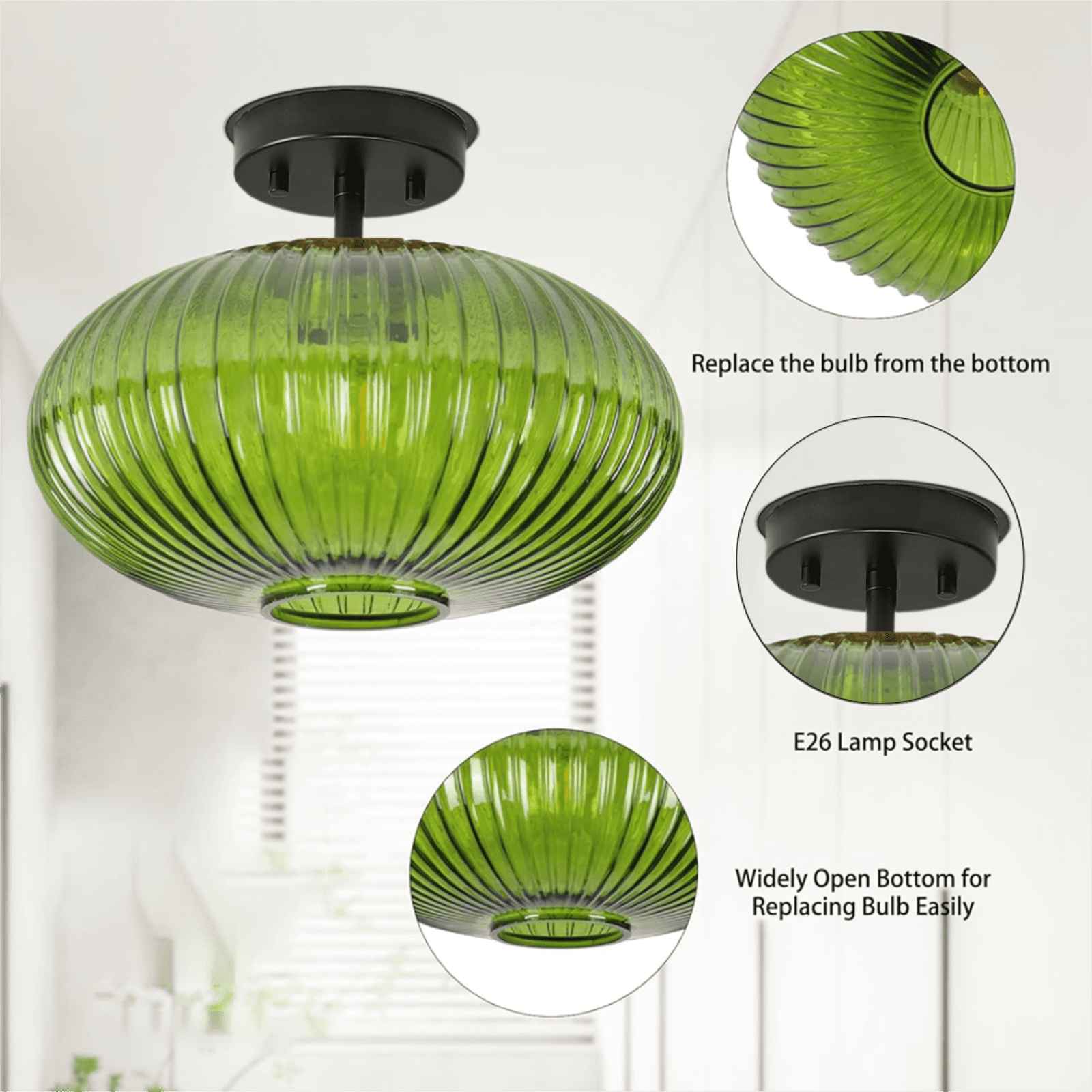 Green Ribbed Glass Semi Flush Mount Ceiling Light, E26 Base Close to Ceiling Fixture for Hallway, Bedroom & Kitchen