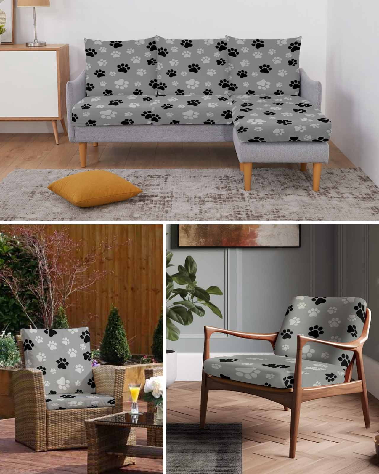Pet Paw Printed Couch Cushion Covers Stretch, Washable Sofa Seat Covers Individual Seat Cushion Sofa Slipcovers Modern Black Grey Watercolor Dog Claws Couch Cover Furniture Protector S-1PCS