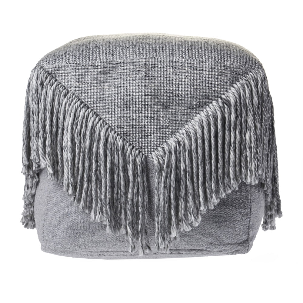LR Home Medium Fringe Solid Indoor Square Pouf, Gray, 18" x 18" x 18"