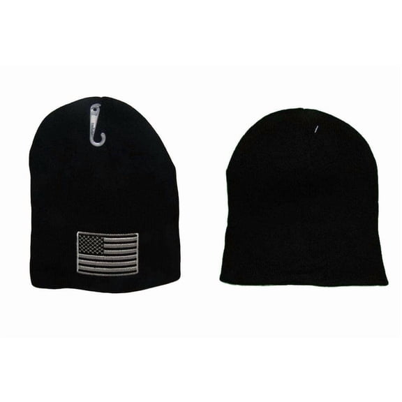 Black USA Flag Tonal Patch US American Patriotic Knit Short Beanie Cap Hat