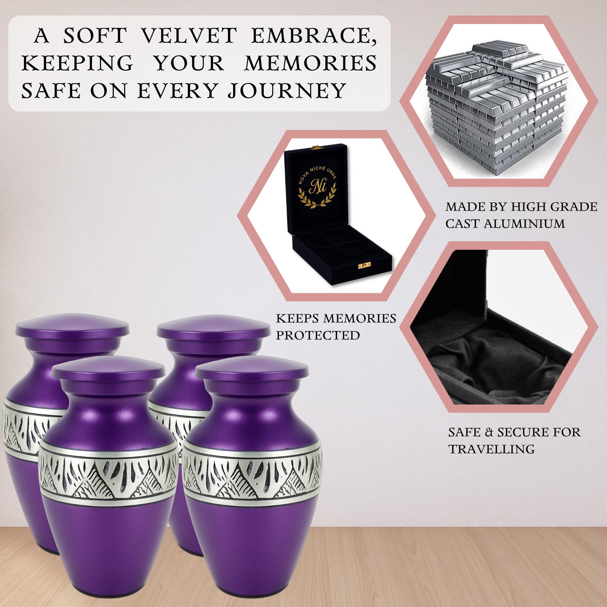 Nova Niche Small Purple Aluminium Cremation Urns for Human Ashes – Mini Memorial Keepsake Set of 4 with Velvet Case