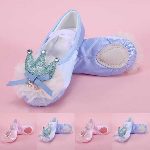 Girls Crown Bow Pearl Decor Ballet Dance Shoes, Slip on No Laces Soft Sole Training Slippers, Kids Stage Performance Gymnastics Body Shaping Dance Footwear Pink 3.5(39)
