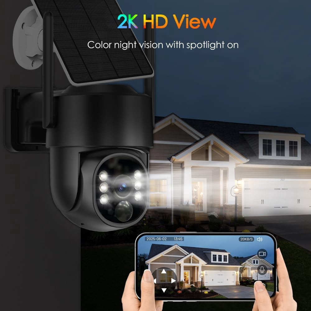 Solar Camera Outdoor Wireless, 2K Solar Outdoor Cameras for Home Security, Battery Powered Wire-Free 5g WiFi Camera, 360° View PTZ, Motion Detection Alerts, Spotlight Siren Alarm, Color Night Vision
