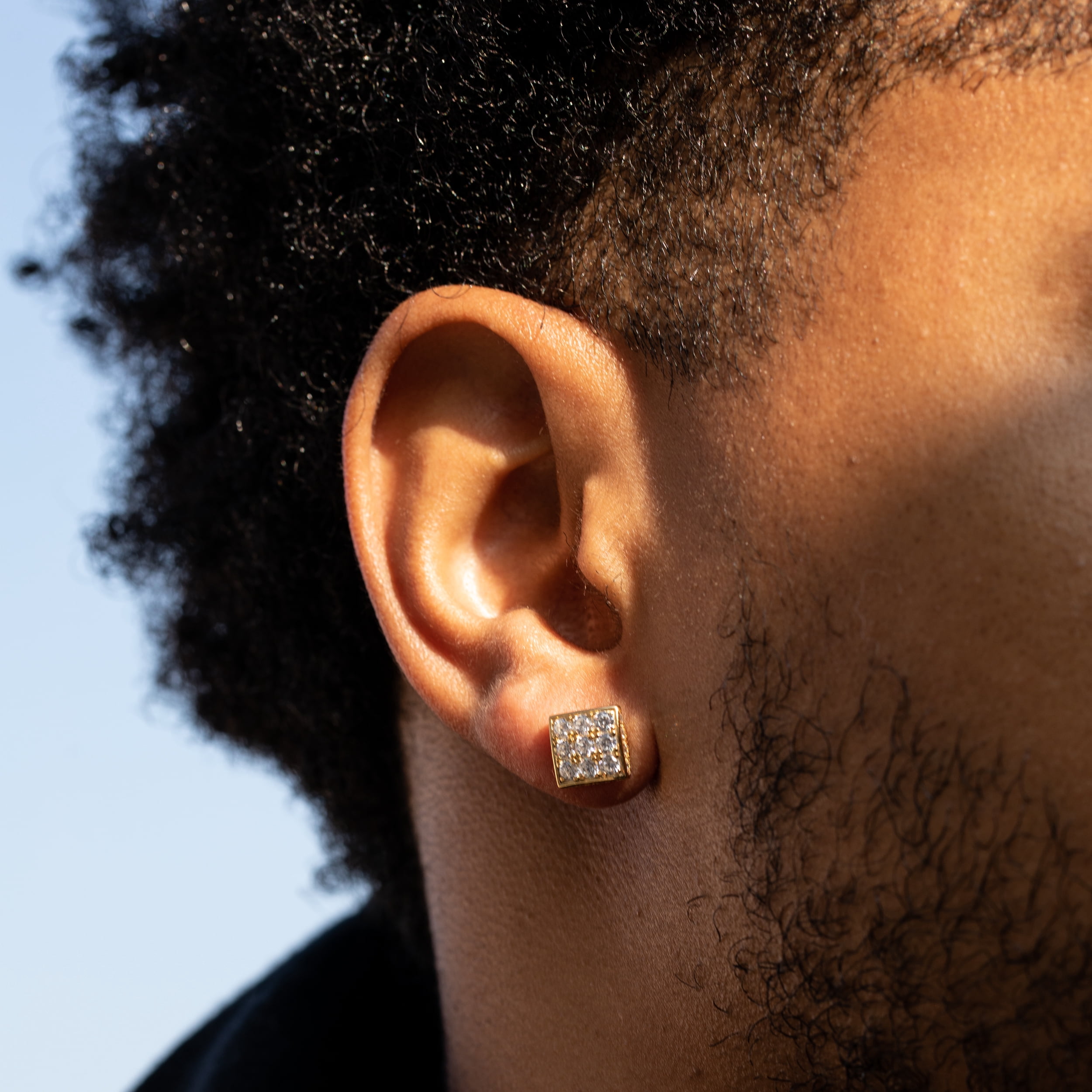 Men's Square Pointer Hip Hop Gold Plated 925 Sterling Silver Iced Screw Back Earrings