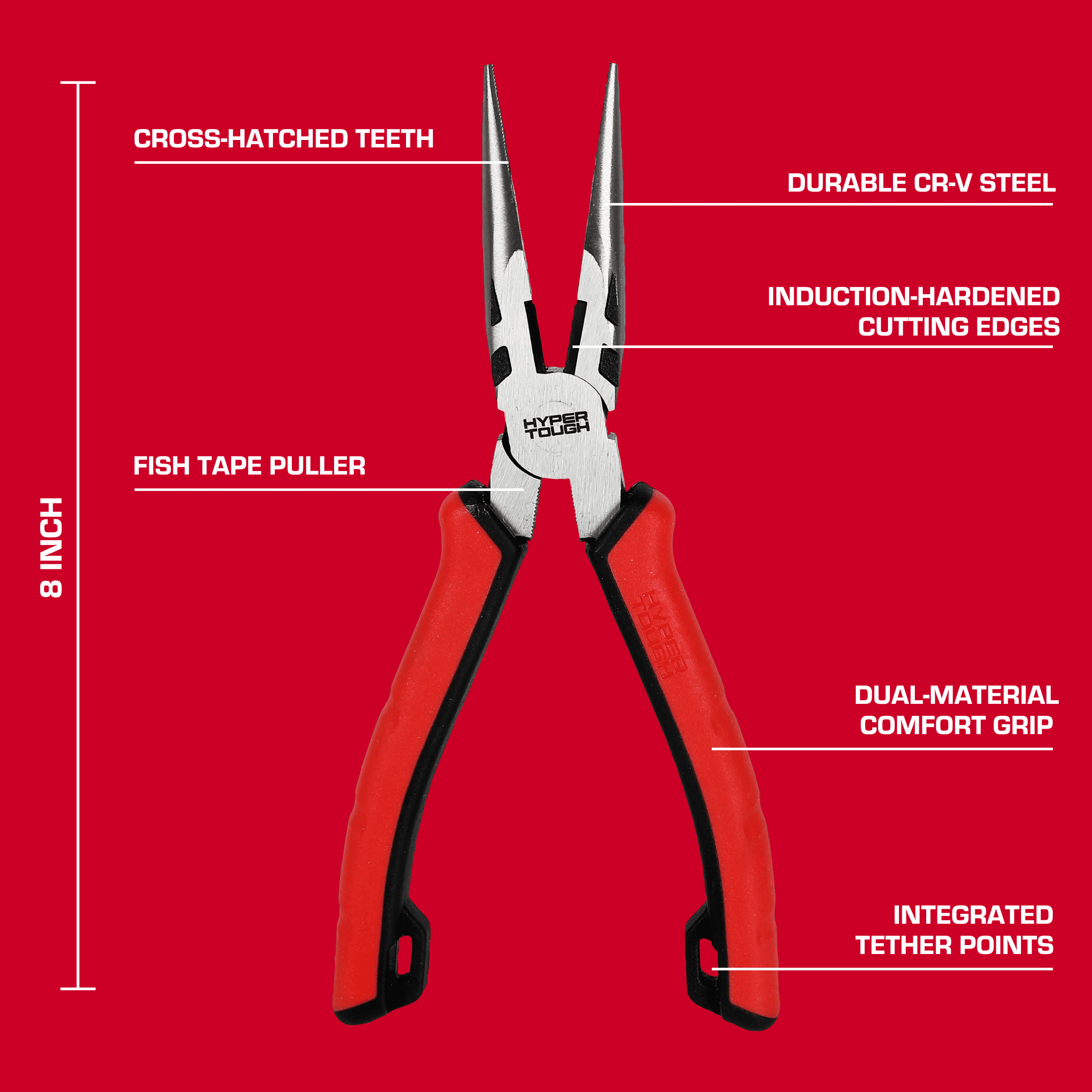 Hyper Tough 8-inch Long-Nose Pliers with Dual Material Comfort Grips