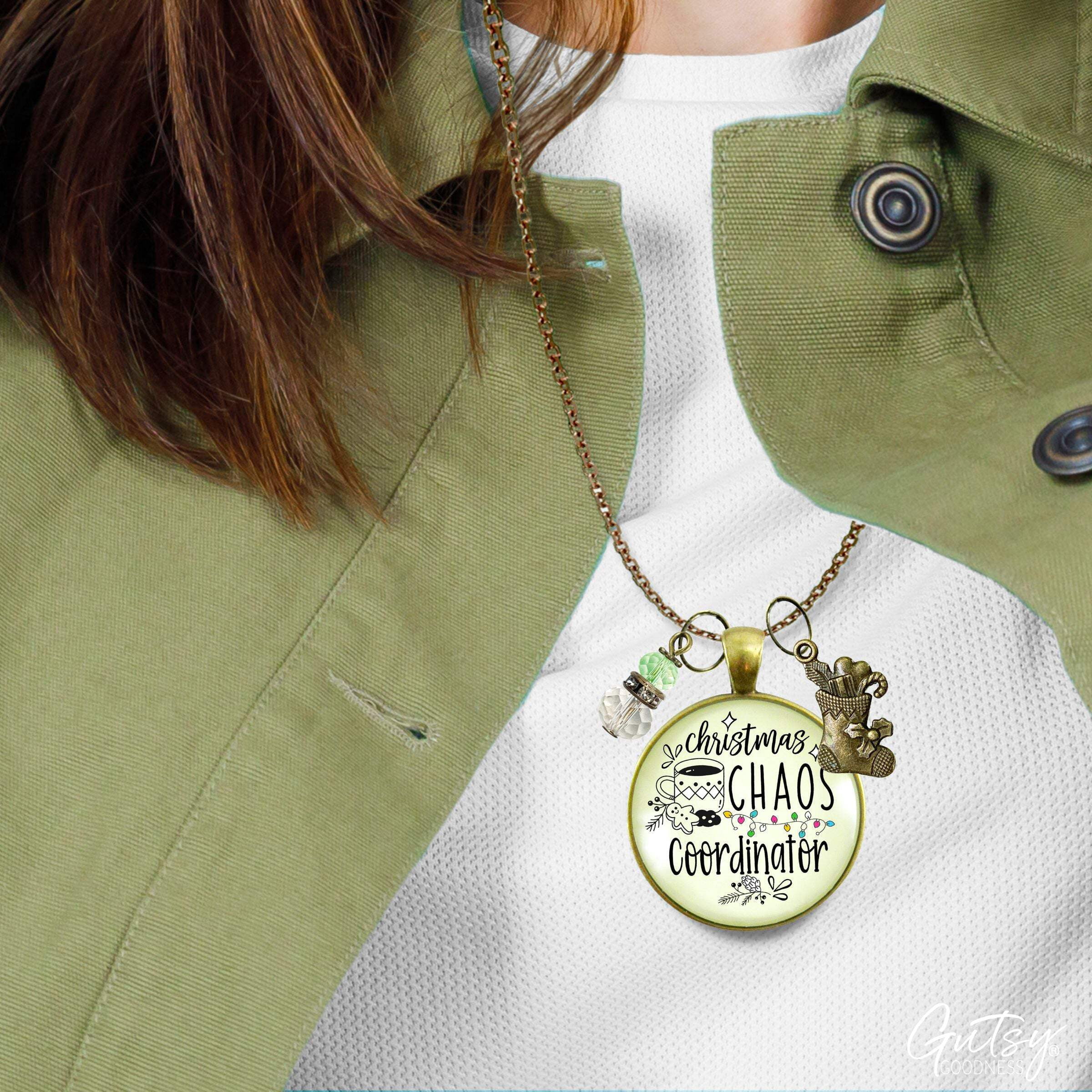 Christmas Chaos Coordinator Fun Holiday Necklace Gutsy Goodness Female Adult Bronze Metal Jewelry