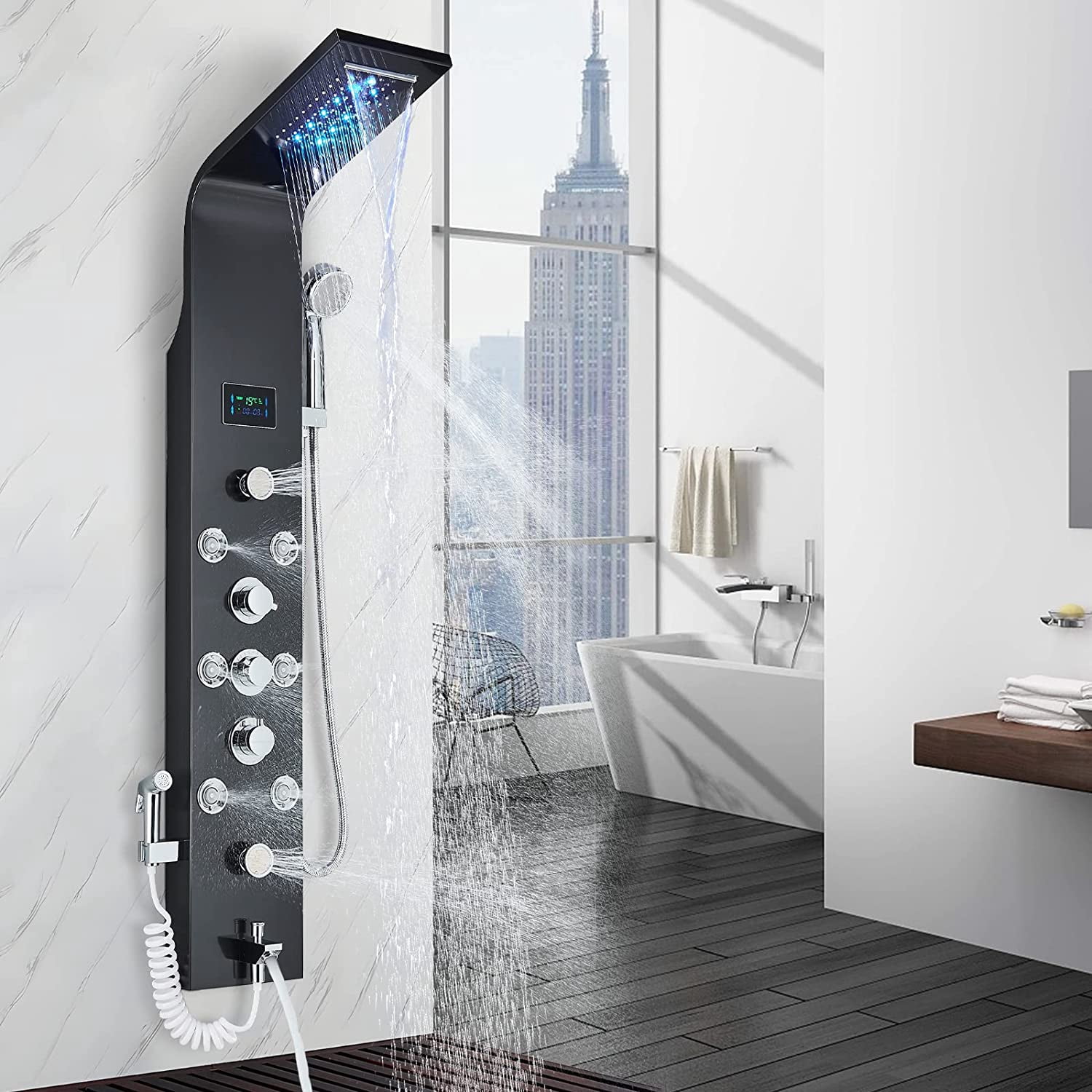 Shower Panel Tower LED Shower System with 6 Functions Unique Powerful hydromassage and Bidet Tap Shower Tower Wall Mounted Black