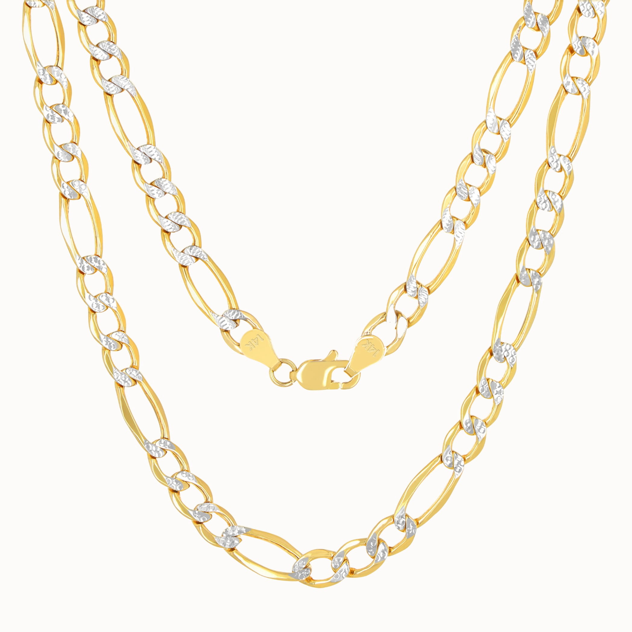 Nuragold 14k Real Yellow Gold Figaro Link 5.5mm Diamond Cut Two Tone Pave Chain Necklace (16"-30") Italian Jewelry for Men & Women