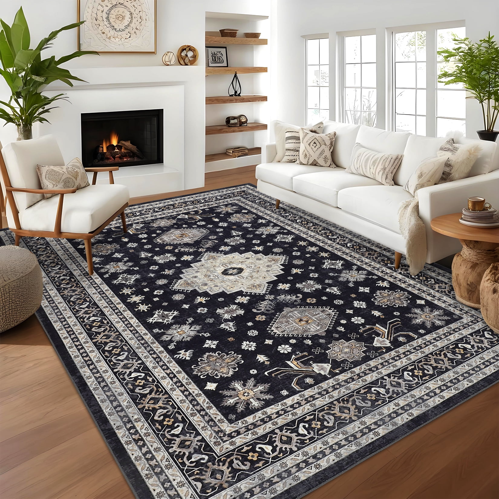Hasoo Washable Rug 8' x 10' Rugs for Living Room Vintage Floral Farmhouse Indoor Carpet for Bedroom, Black