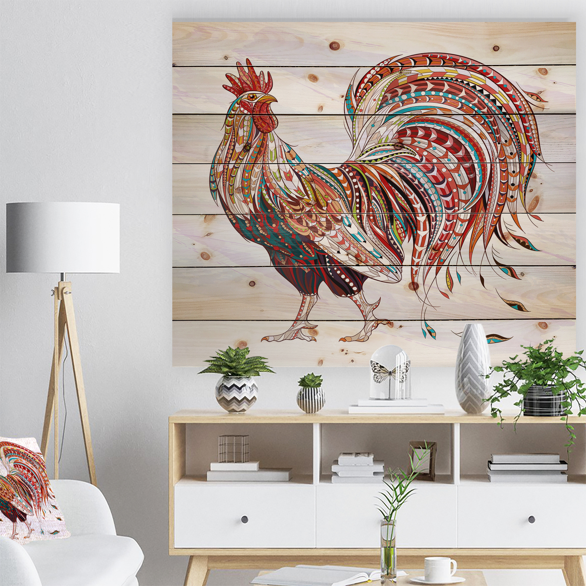 Designart 'Patterned rooster Symbol of chinese new year' Farmhouse Animals of Painting Print on Natural Pine Wood