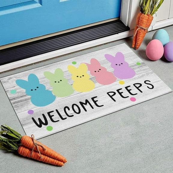 Easter Door Mat Rabbit Welcome Doormat Indoor Outdoor Entrance Non-Slip Floor Mats for Vintage Rustic Yard Home Party Decor 17 X 29 Inch