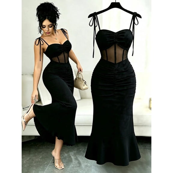 Women's Black Spaghetti Strap Midi Dress with Sheer Mesh Waist Ruched Bodycon Flounce Fishtail Hem Slim Fit Party Dress