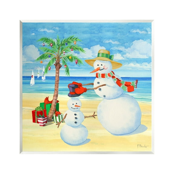 Stupell Industries Festive Snowman Beach Holiday Painting Unframed Art Print Wall Art, 12 x 12
