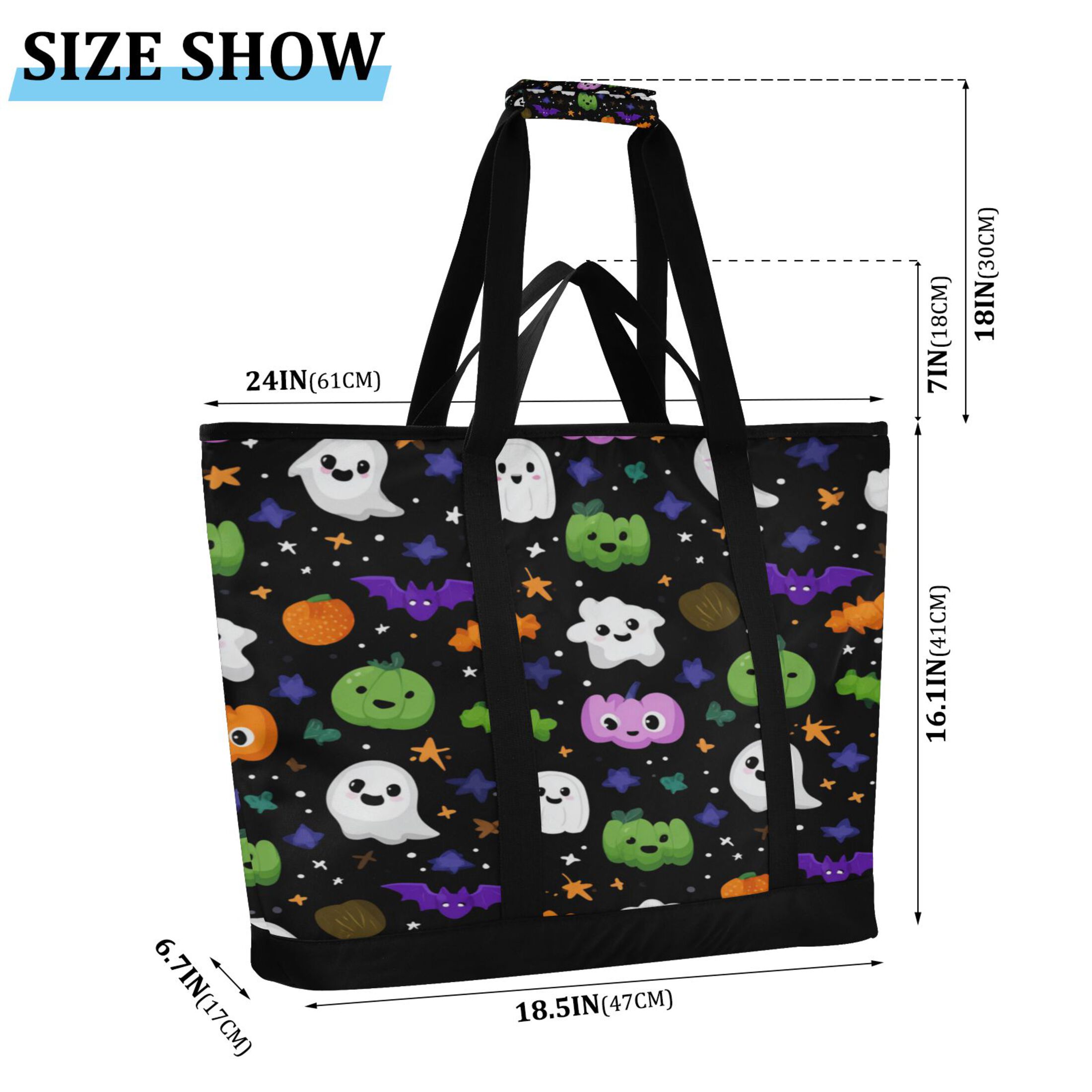 Extra-Large Wide Opening Design Capacity Hand-Held Ice Pack Thickened Insulation Layer For Long-Lasting Cold Retention For Outdoor Shopping Picnics And Camping Cartoon Ghosts Pumpkins