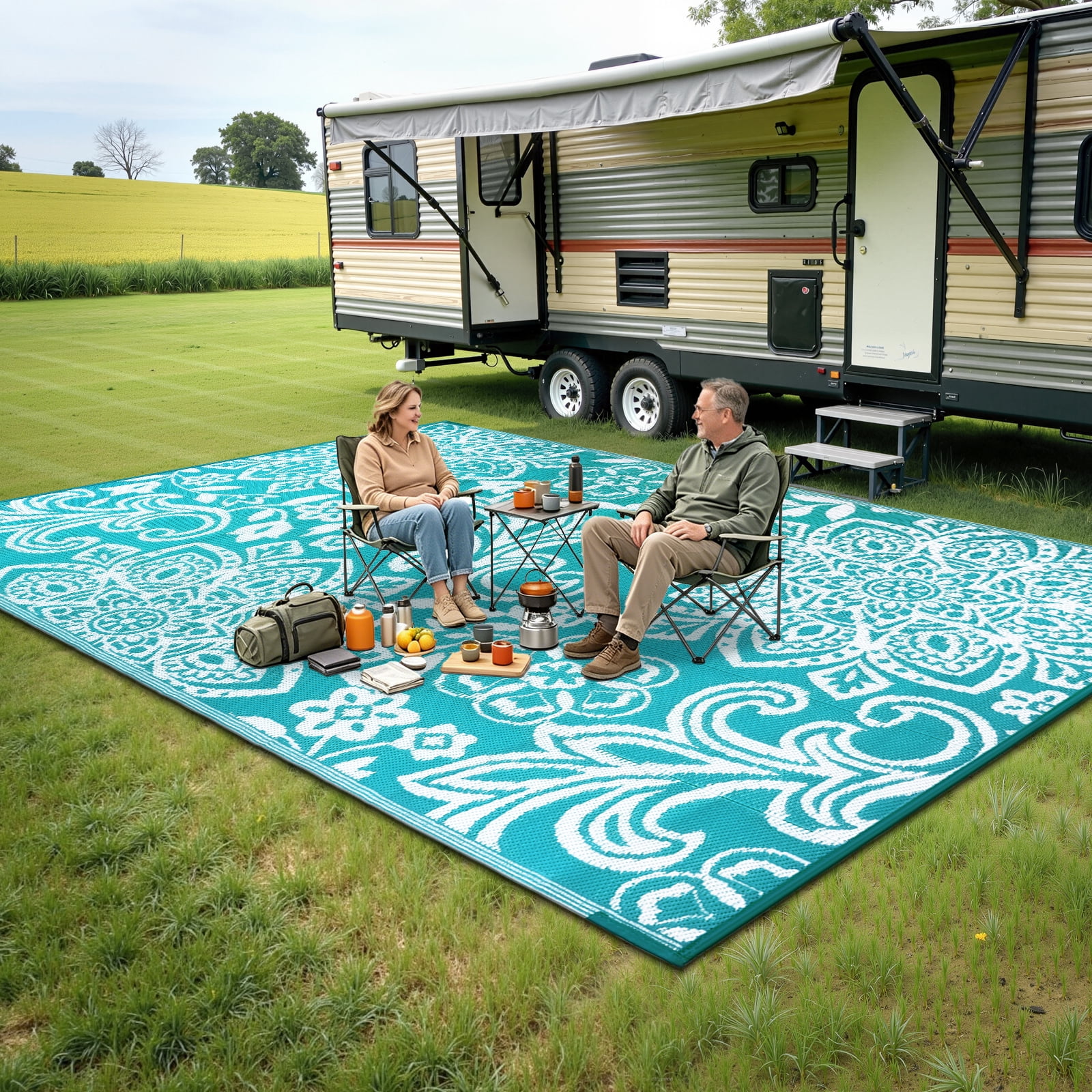 MJIAexp 8'x10' Beach Blue Outdoor Rug Patio Rug Waterproof RV Outdoor Rug Camping Rugs Reversible Plastic Straw Rug Large Outdoor Mat for Camping, Balcony Apartment, Patio, Porch, Picnic, Beach