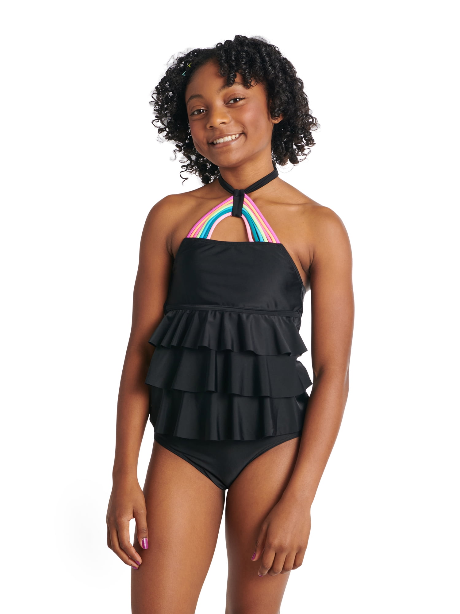Justice Girls 2 Piece Ruffled Halter Rainbow Strap Tankini Swimsuit