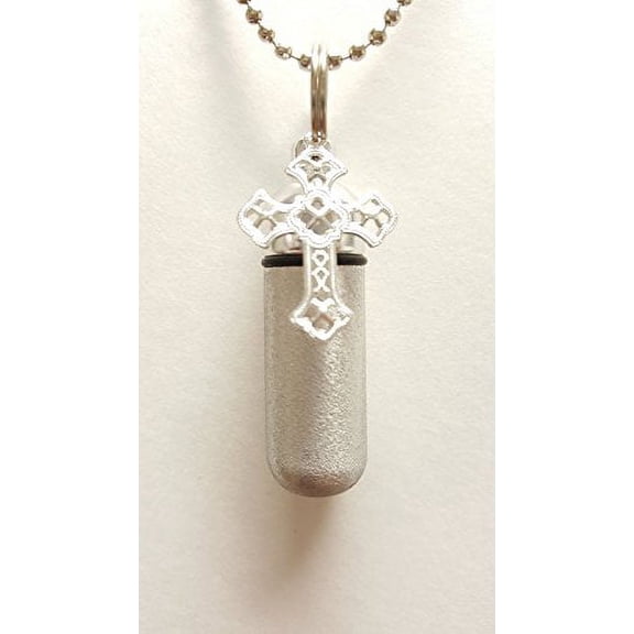 Lace Cross 2-tone Brushed Silver Anointing Oil Vial Necklace with Engraved HEART