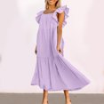 thumbnail image 2 of Ashirexll Dresses for Women 2024, Flowy Dresses for Women, Fashion Summer Flying Sleeve Off Shoulder Pleated Hem Dress Purple M, 2 of 8
