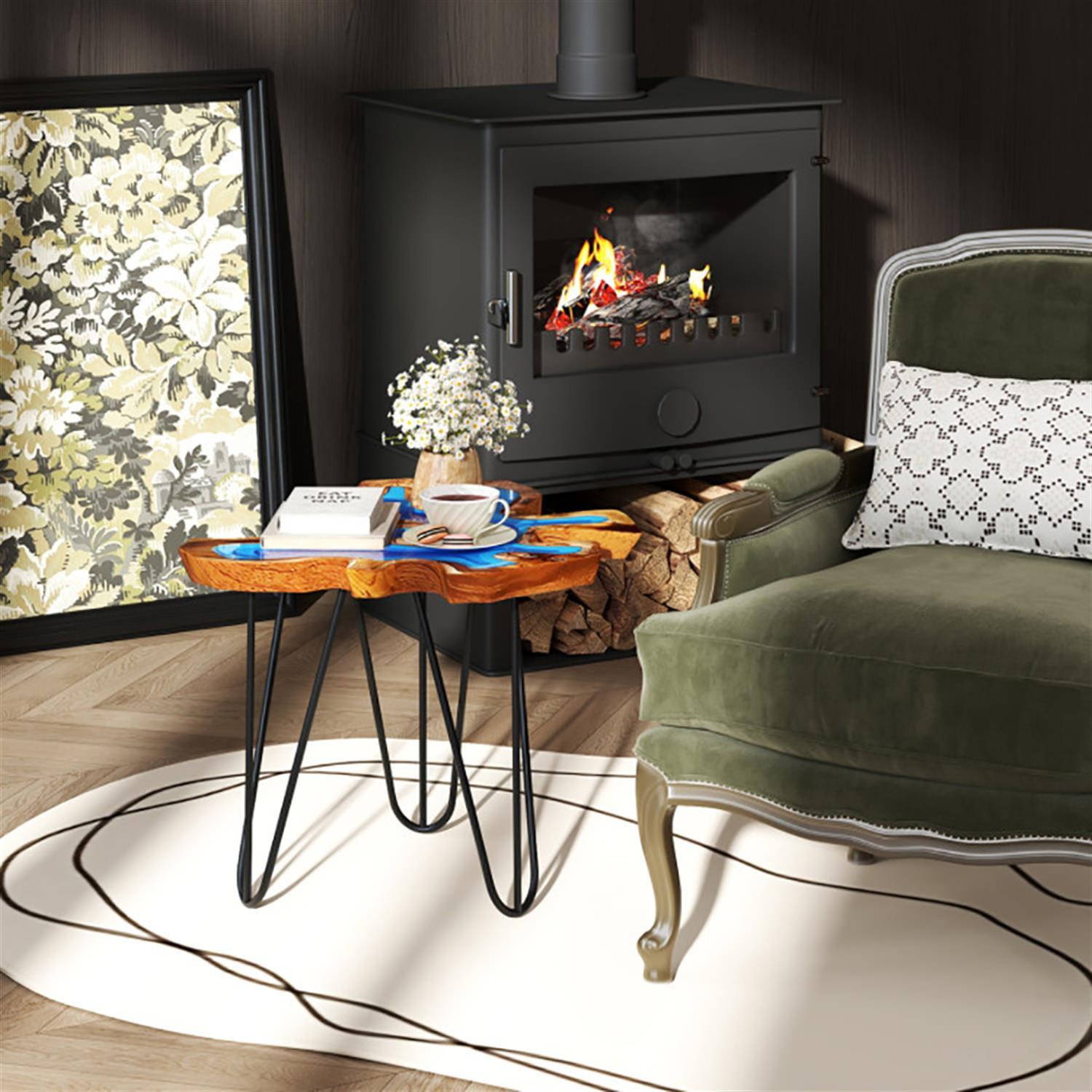 Demi Bonn Teak Wood Sofa Side Table, Outdoor Irregular End Table with Epoxy Resin Tabletop for Small Spaces, Living Room, Bedroom, Brown