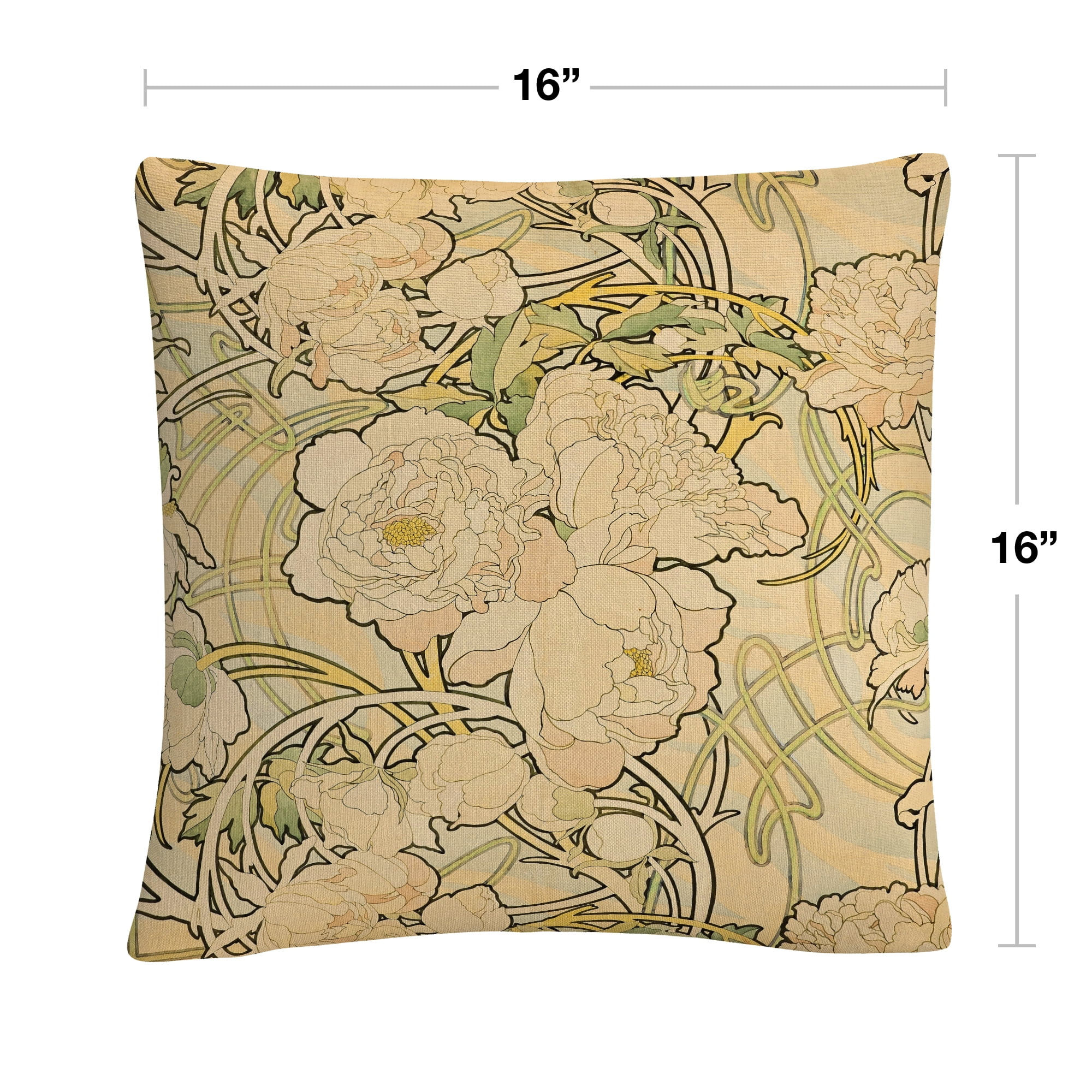 Alphonse Mucha 'Peonies' 16 X 16 Decorative Throw Pillow