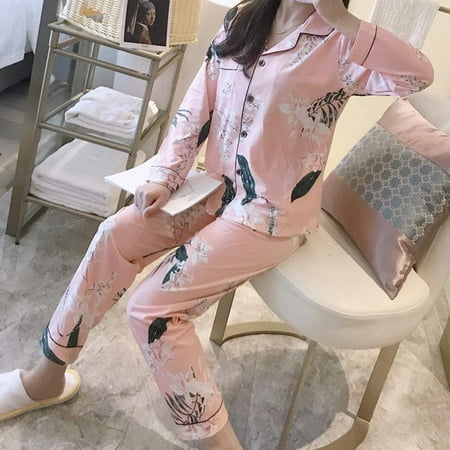 

Promotion Clearance!Fashion Leaf Print Loose Casual Suit Home Service Button Cardigan Suit Pajamas Two-piece