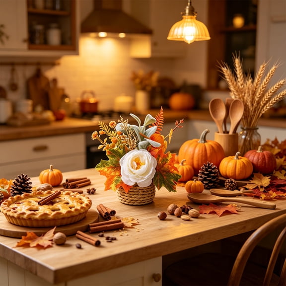 Fall Tabletop Decor, Artificial Flower Arrangement in Woven Basket with Pumpkin and Maple Leaf for Mantel Shelf and Thanksgiving Centerpiece Display, Preassembled Potted Floral Accent