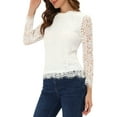 thumbnail image 5 of INSPIRE CHIC Women's Lace Top Long Sleeve Ruffled Neck Peplum Hem Floral Dressy Blouse L Beige, 5 of 8