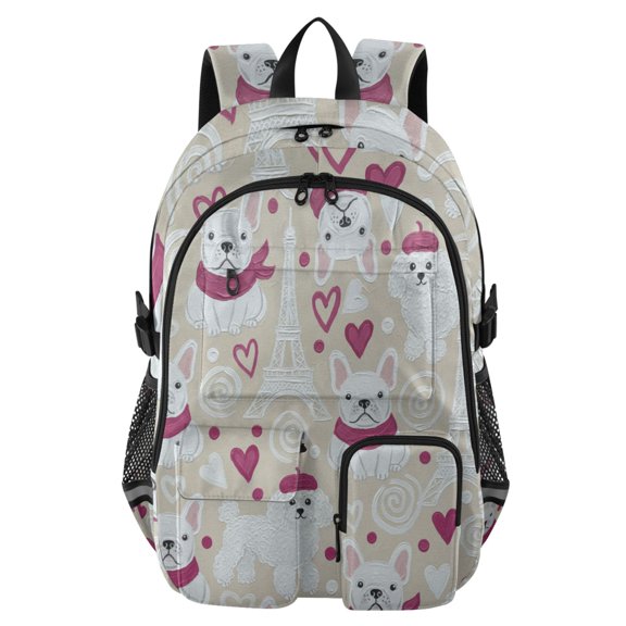 DIXRUYEE Poodle French Bulldog Love Eiffel Tower Backpack for School 14”Laptop Compatible with Reflective Safety Strips