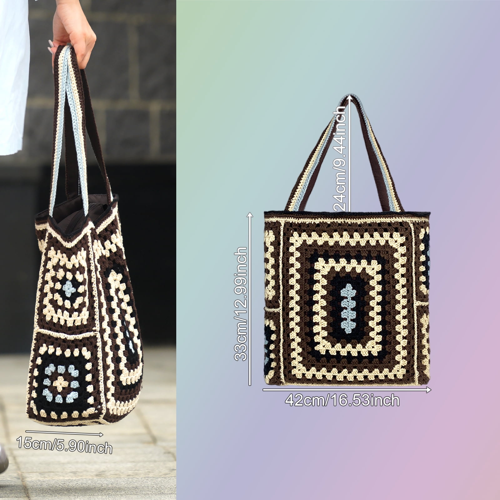 Handmade Crochet Tote Bag for Women, Vintage Granny Square Floral Shoulder Bag with Zipper and Lining, Large Capacity Boho Beach Bag