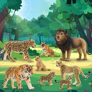 Toymany 8PCS 2-5 Plastic Jungle Animals Figure Playset Includes Baby Animals, Realistic Lion, Tiger, Cheetah, Leopard Figurines with Cub, Cake Toppers Christmas Birthday Toy Gift for Kids Toddlers