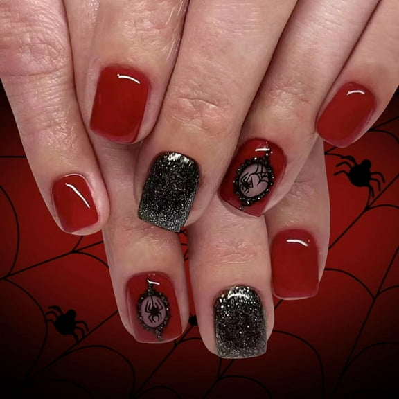Yoyauz 24PCS Short Square Nails, Fake Nails, Black Glitter, Red Magic Mirror, Spider Web Design, Charming Acrylic Nails, Suitable For Girls And Ladies For Halloween