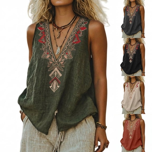 Women's Linen Embroidered Sleeveless V Neck Loose Tank Top Casual Blouse for Summer Layering