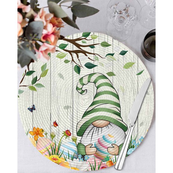 13 Inch Round Placemats Set of 6, Easter Gnomes Non Slip Heat Insulation PP Table Mats, Spring Watercolor Eggs Flower Wood Grain Washable Place Mats for Kitchen Dining Party Table Decor